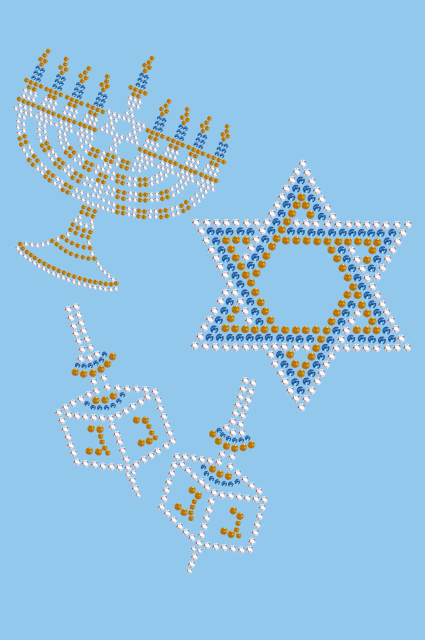 Menorah, Dreidel & Star of David (Blue, Silver, & Gold) - Womens T-shirt