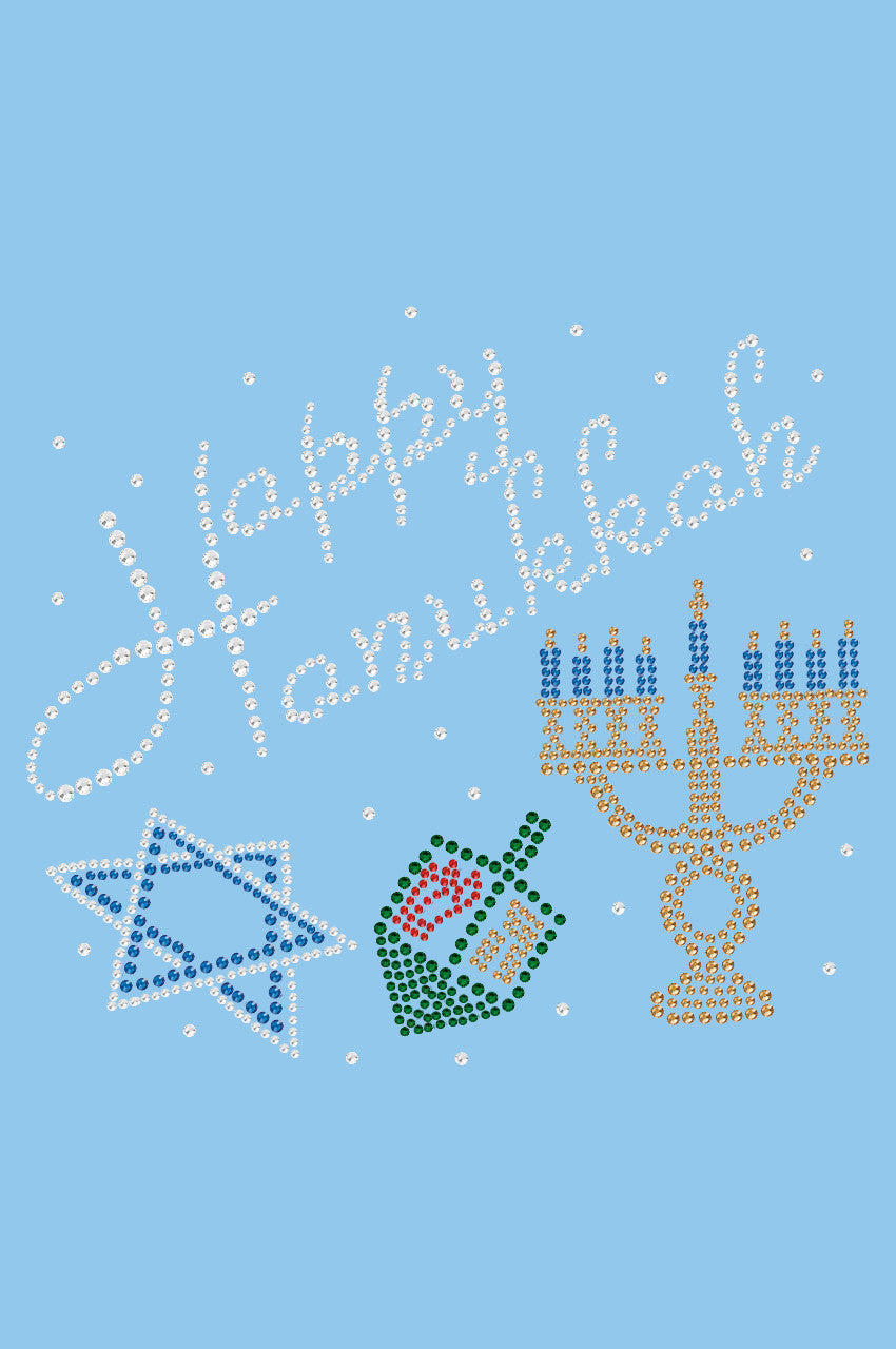 Happy Hanukkah - Dreidel, Menorah and Star of David - Womens Tee