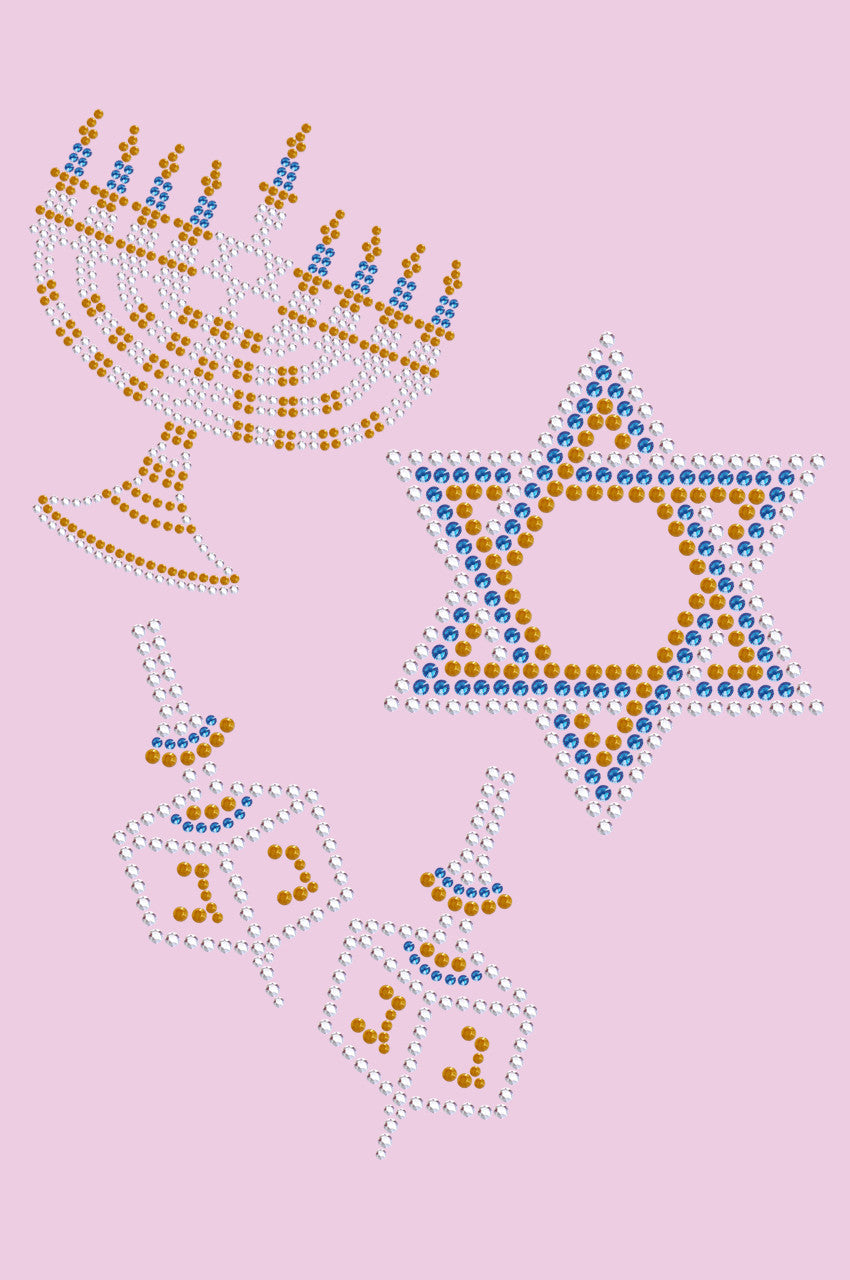 Menorah, Dreidel & Star of David (Blue, Silver, & Gold) - Womens T-shirt