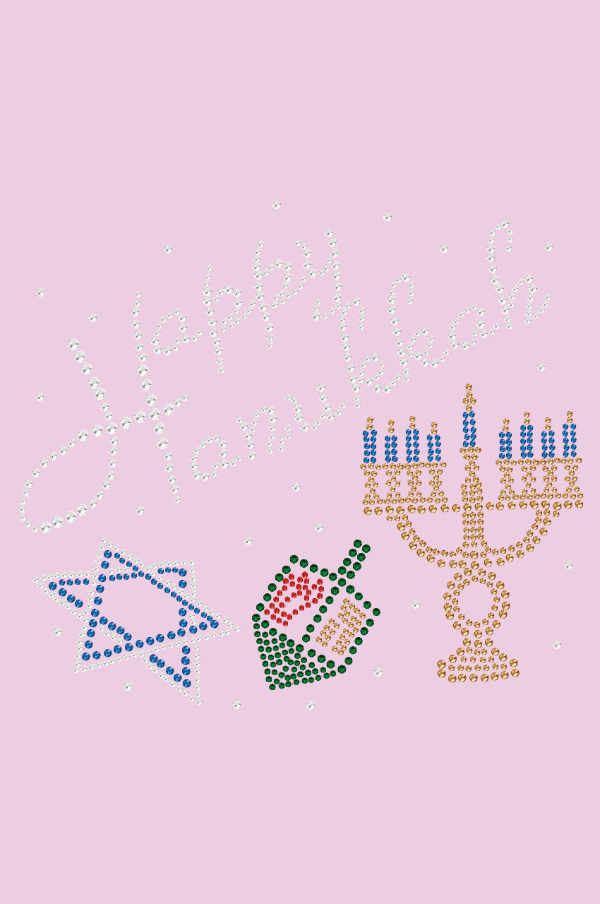 Happy Hanukkah - Dreidel, Menorah and Star of David - Womens Tee