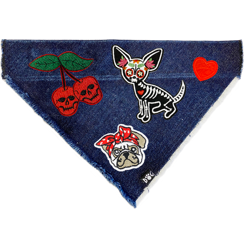 Sugar Skull Dog Denim Bandana