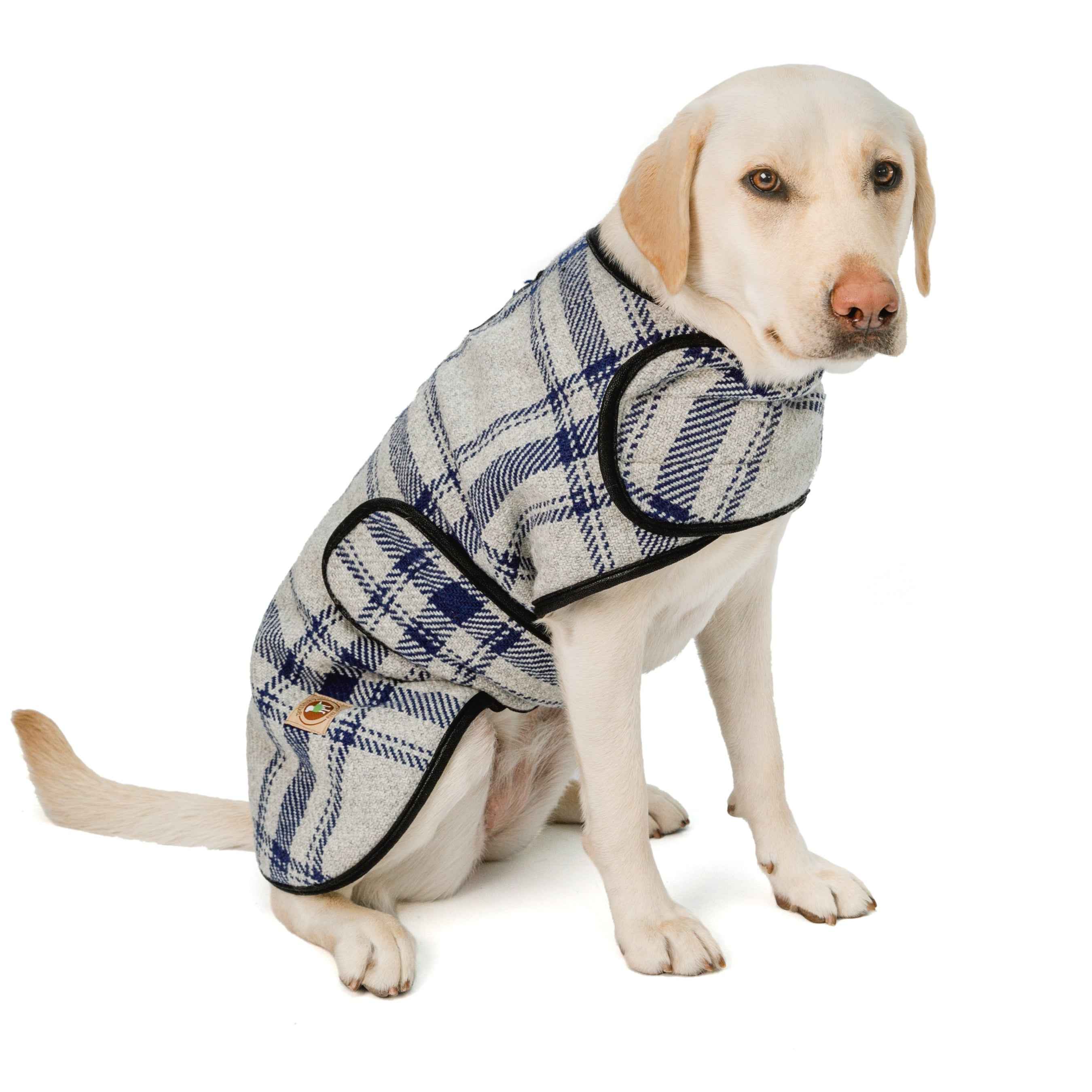 Chilly Dog Gray & Blue Plaid Fleece-Lined Wool Dog Blanket Coat