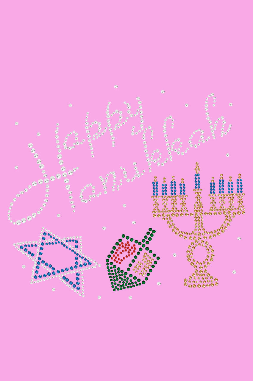 Happy Hanukkah - Dreidel, Menorah and Star of David - Womens Tee