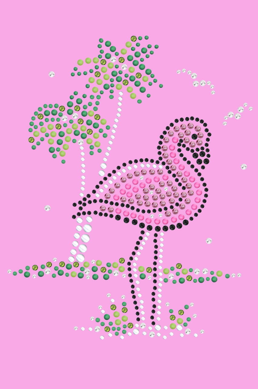 Pink Flamingo with Palm Trees - Womens T-shirt
