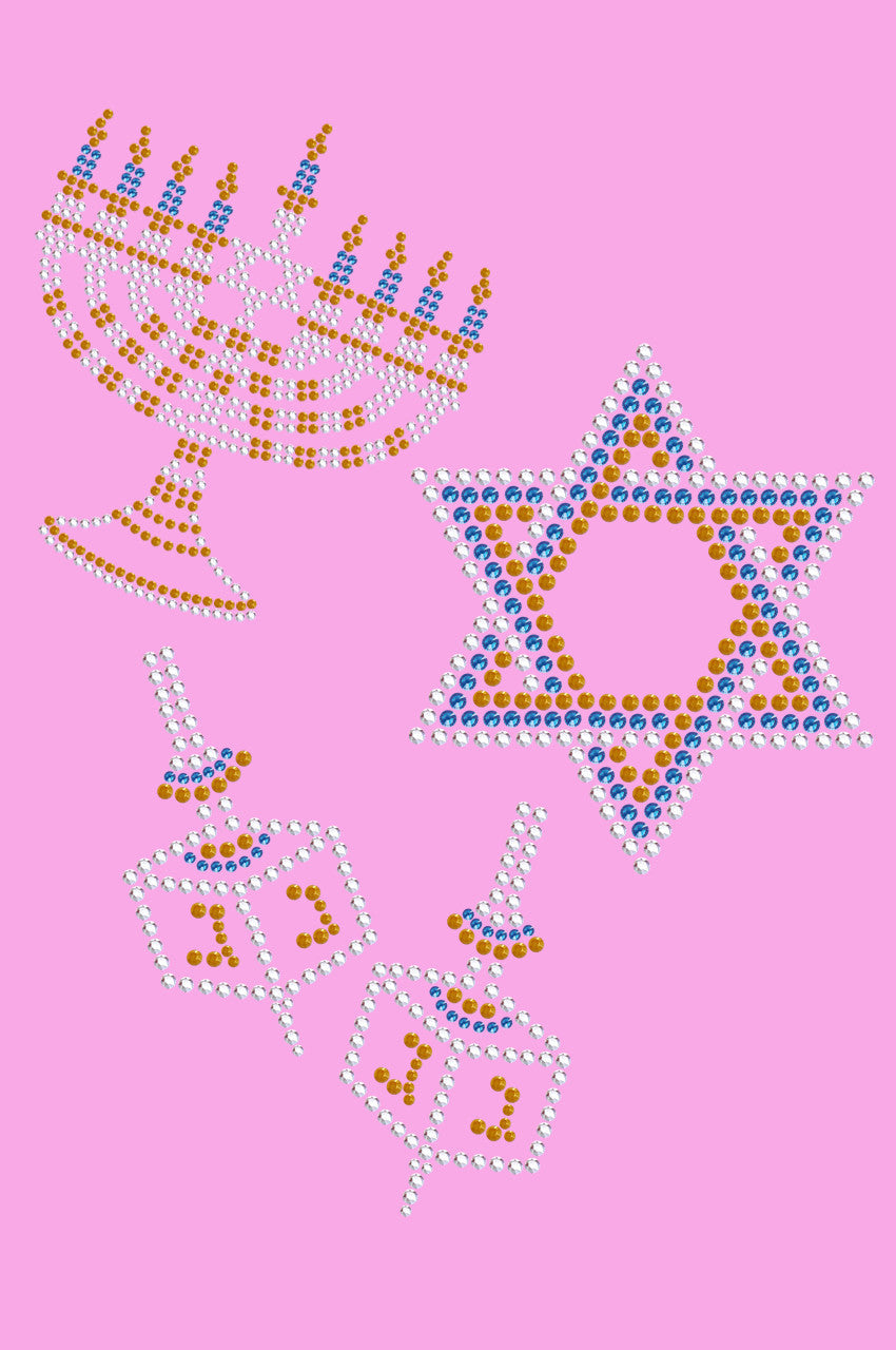 Menorah, Dreidel & Star of David (Blue, Silver, & Gold) - Womens T-shirt