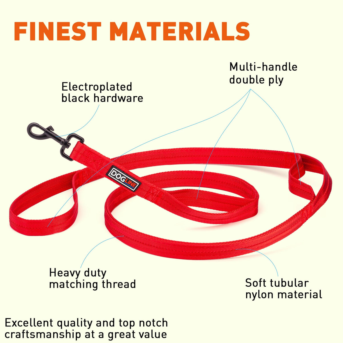 Dogline Nylon Multi-Handle Flat Dog Leash