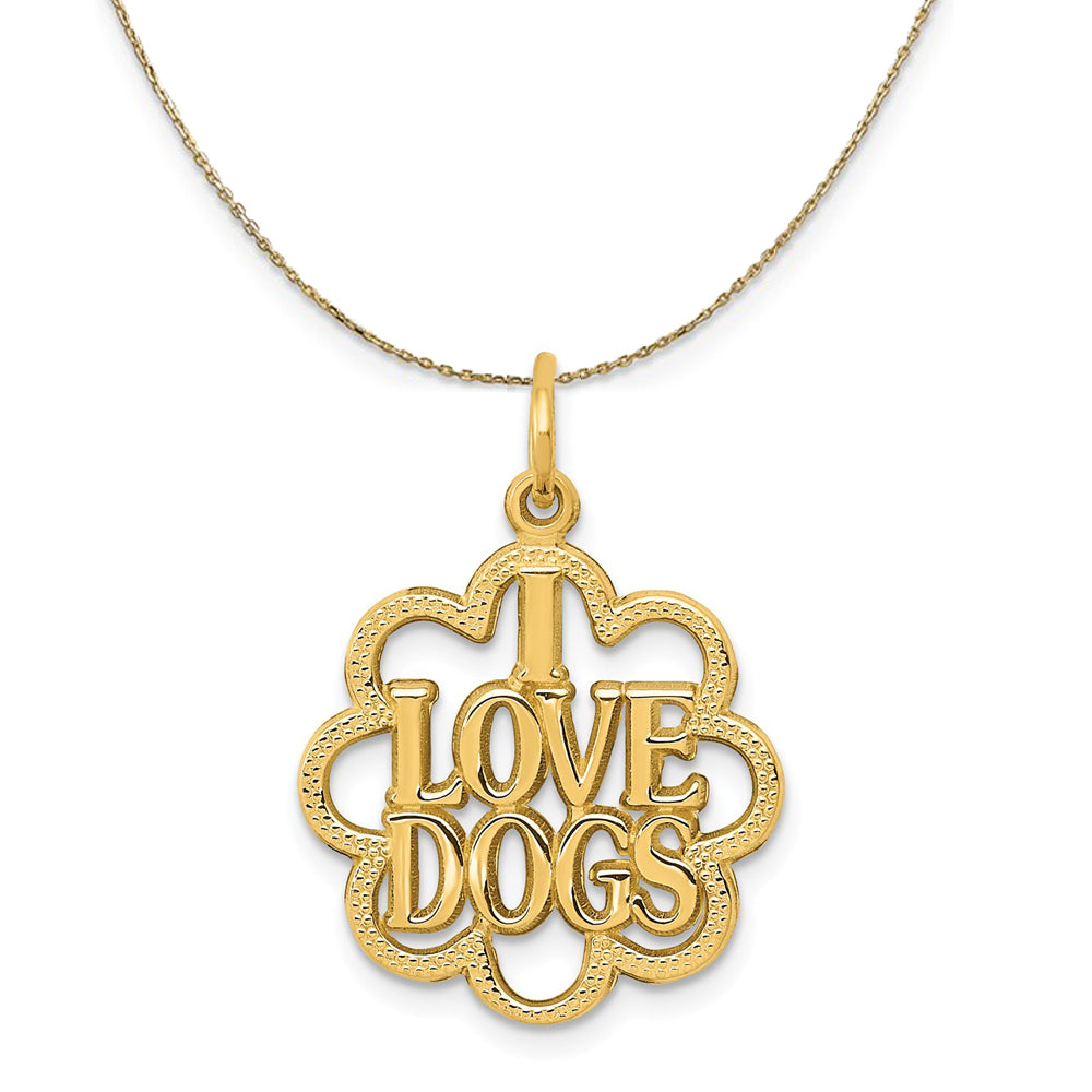 14k Yellow Gold I Love Dogs Scalloped Edge Necklace