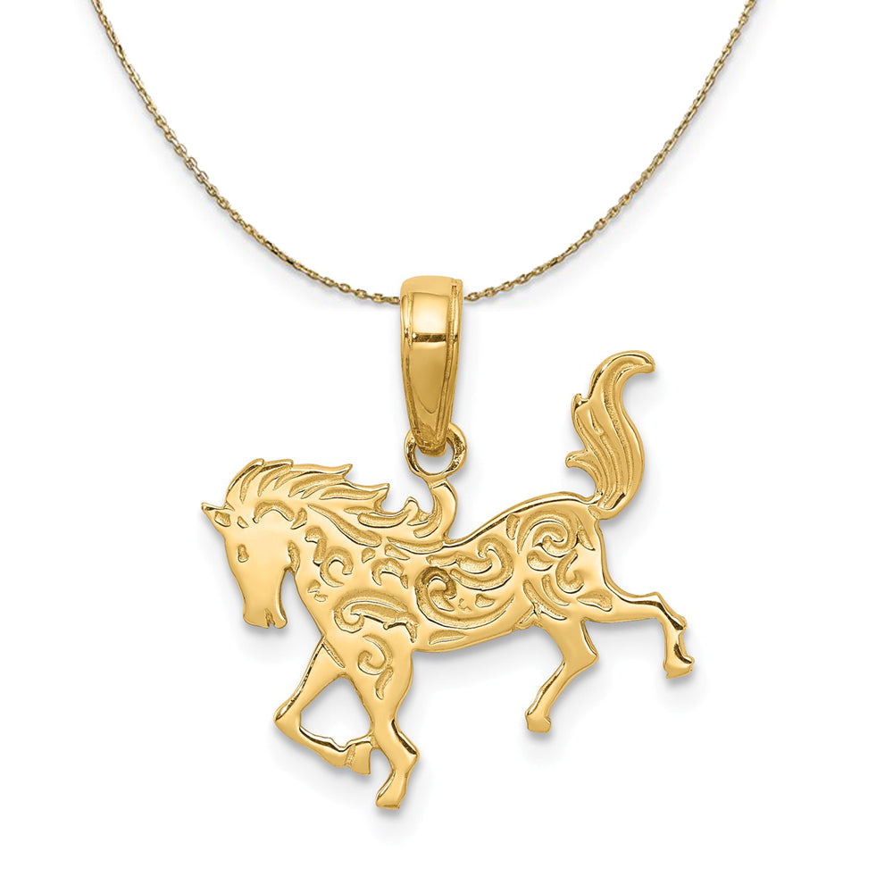 14k Yellow Gold Ornate Horse Necklace, 17mm