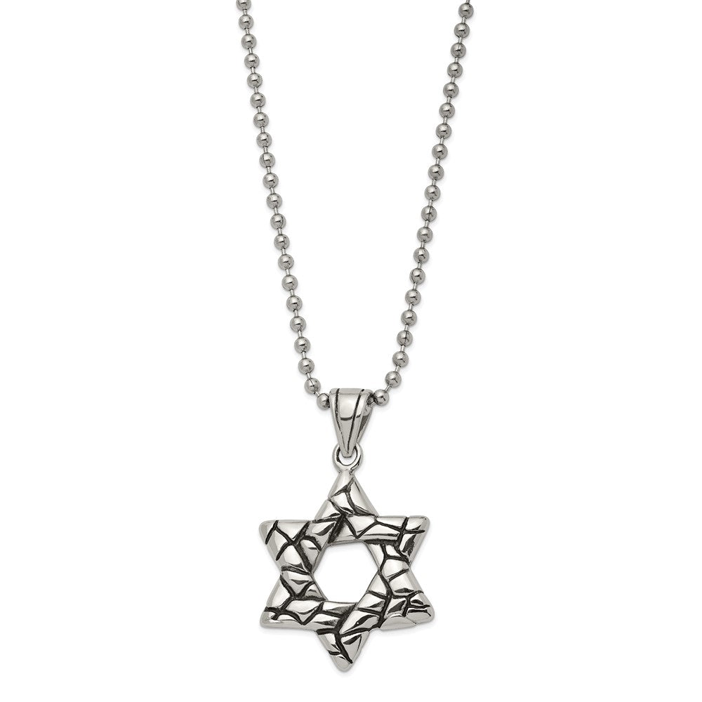 Mens Stainless Steel Antiqued 3D Star of David Necklace, 24 Inch