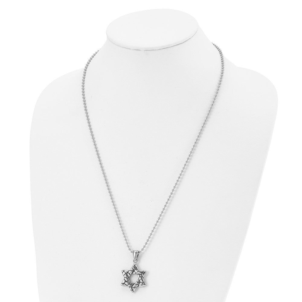 Mens Stainless Steel Antiqued 3D Star of David Necklace, 24 Inch