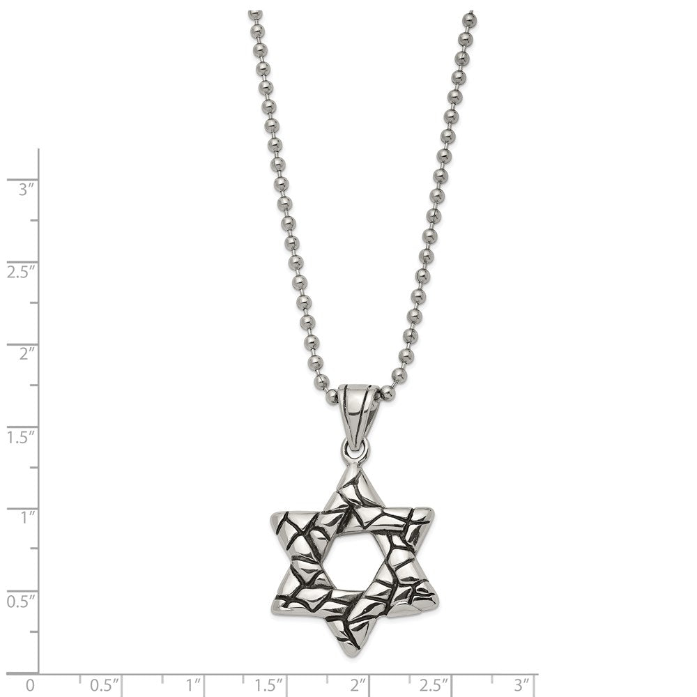 Mens Stainless Steel Antiqued 3D Star of David Necklace, 24 Inch