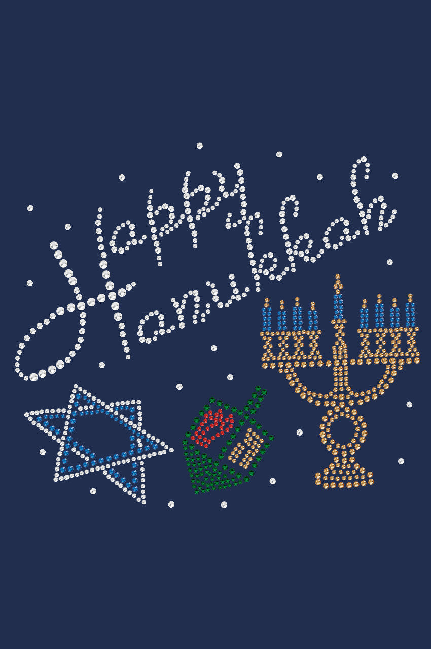 Happy Hanukkah - Dreidel, Menorah and Star of David - Womens Tee
