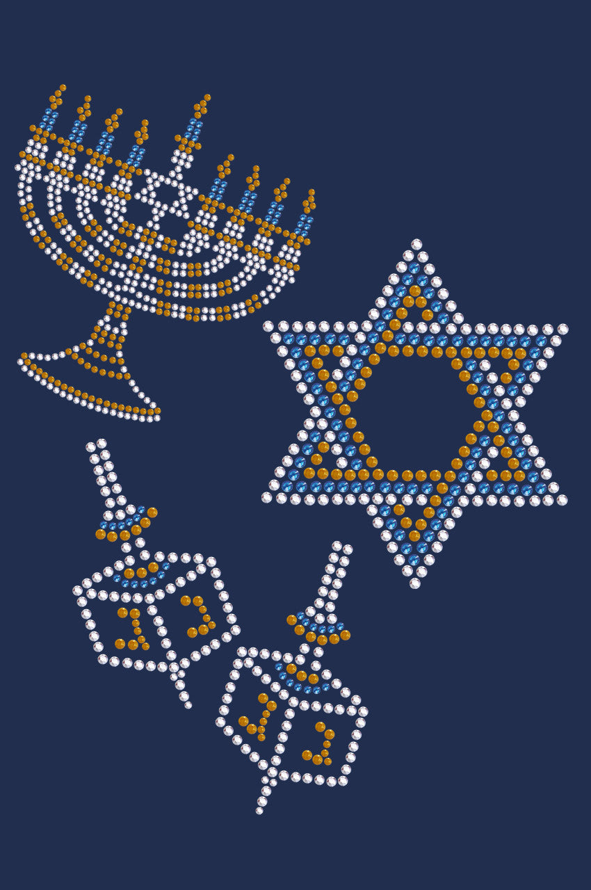 Menorah, Dreidel & Star of David (Blue, Silver, & Gold) - Womens T-shirt