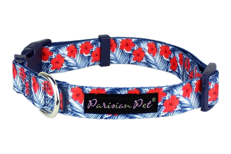 Parisian Pet Hibiscus Collar for Dogs & Cats  Vibrant Blue Dog Collar with Adjustable Fit and Tropical Floral Pattern