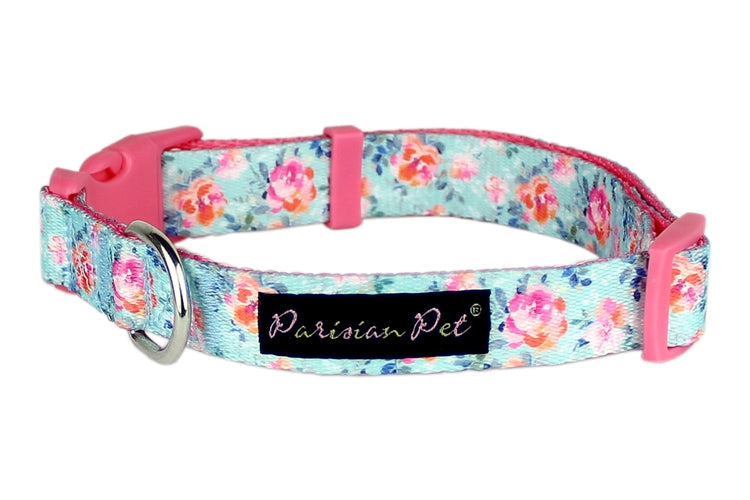 Parisian Pet Spring Blossoms Collar for Dogs & Cats, Comfortable Dog Collar, High-Quality Floral Pet Collar, Light Blue and Pink-Valentines Day