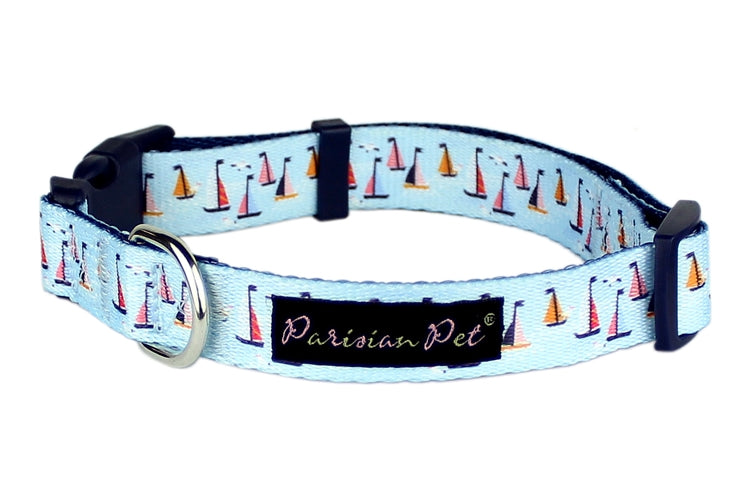 Parisian Pet Sail Boats Collar for Dogs & Cats  Adjustable Nautical Light Blue Sailboat Dog Collar with Adjustable Fit