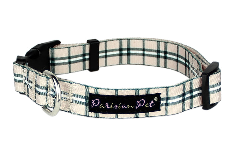 Parisian Pet Scottish Plaid Collar, for Dogs & Cats, Adjustable Pet Collar, Stylish Plaid Dog Collar Khaki