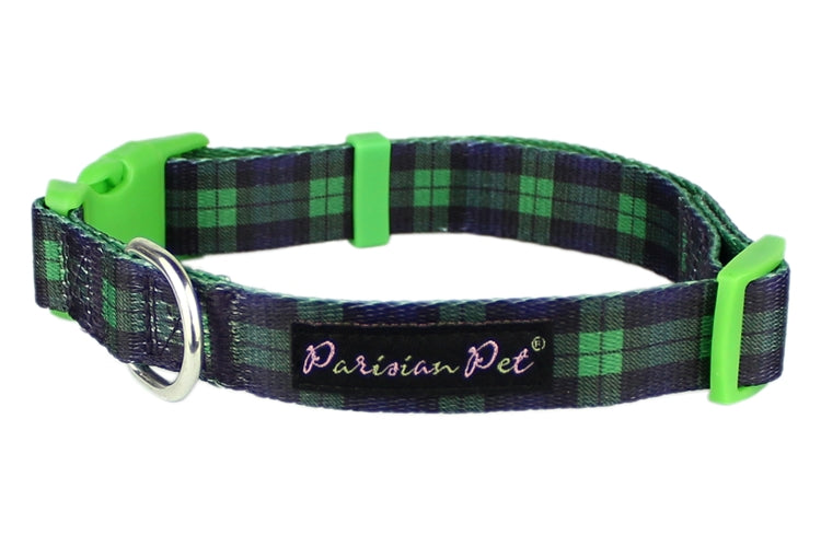 Parisian Pet Scottish Plaid Collar for Dogs & Cats  Stylish Green Blue Dog Collar with Plaid Design and Adjustable Strap