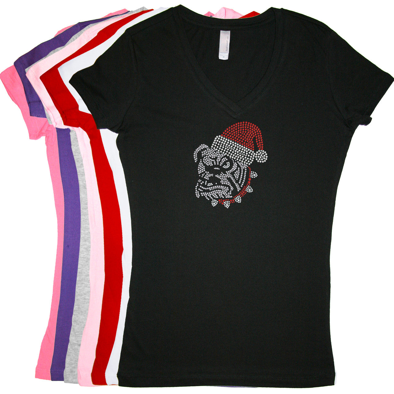 Bulldog Face (White) with Santa Hat - Womens T-shirt