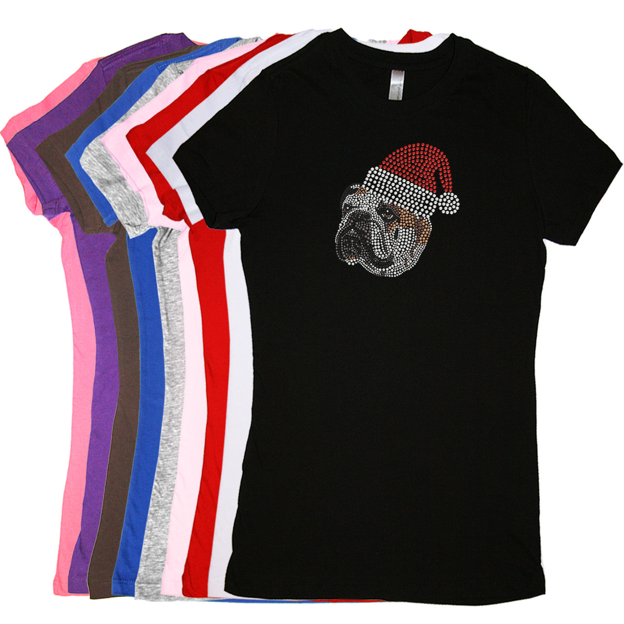 Bulldog Face (Brown) with Santa Hat - Womens T-shirt