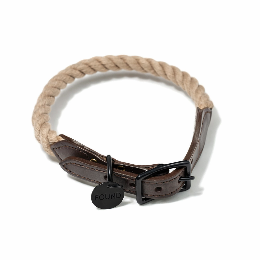 New! Matte Black/Natural Rope & Leather Cat & Dog Collar