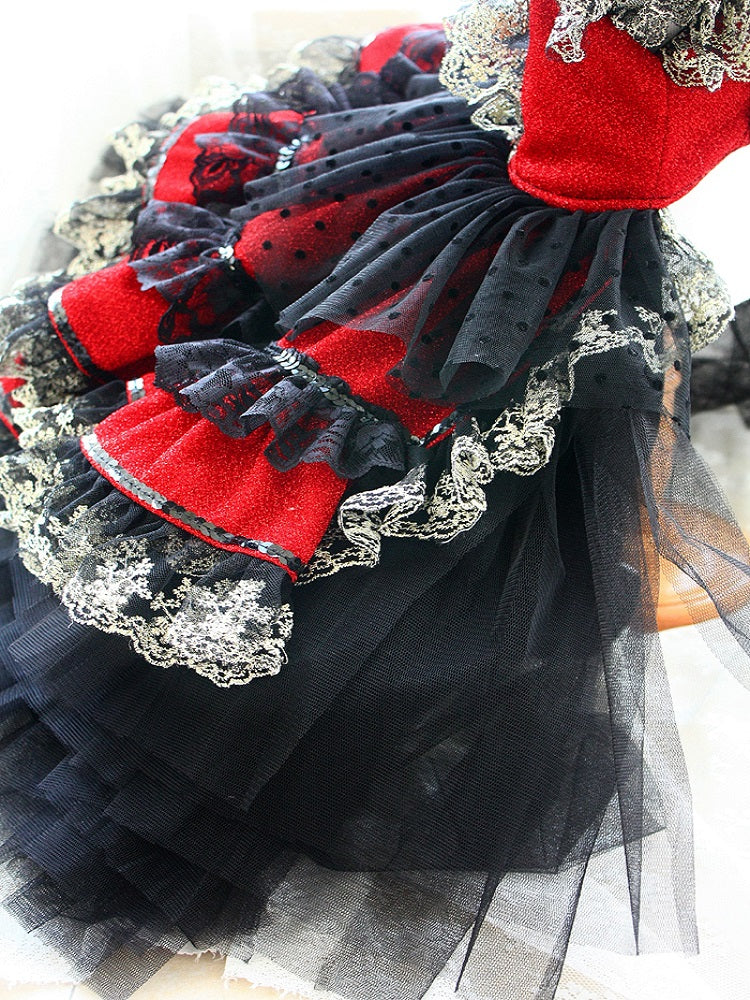 Victorian-Inspired Red and Black Lace Pet Dress