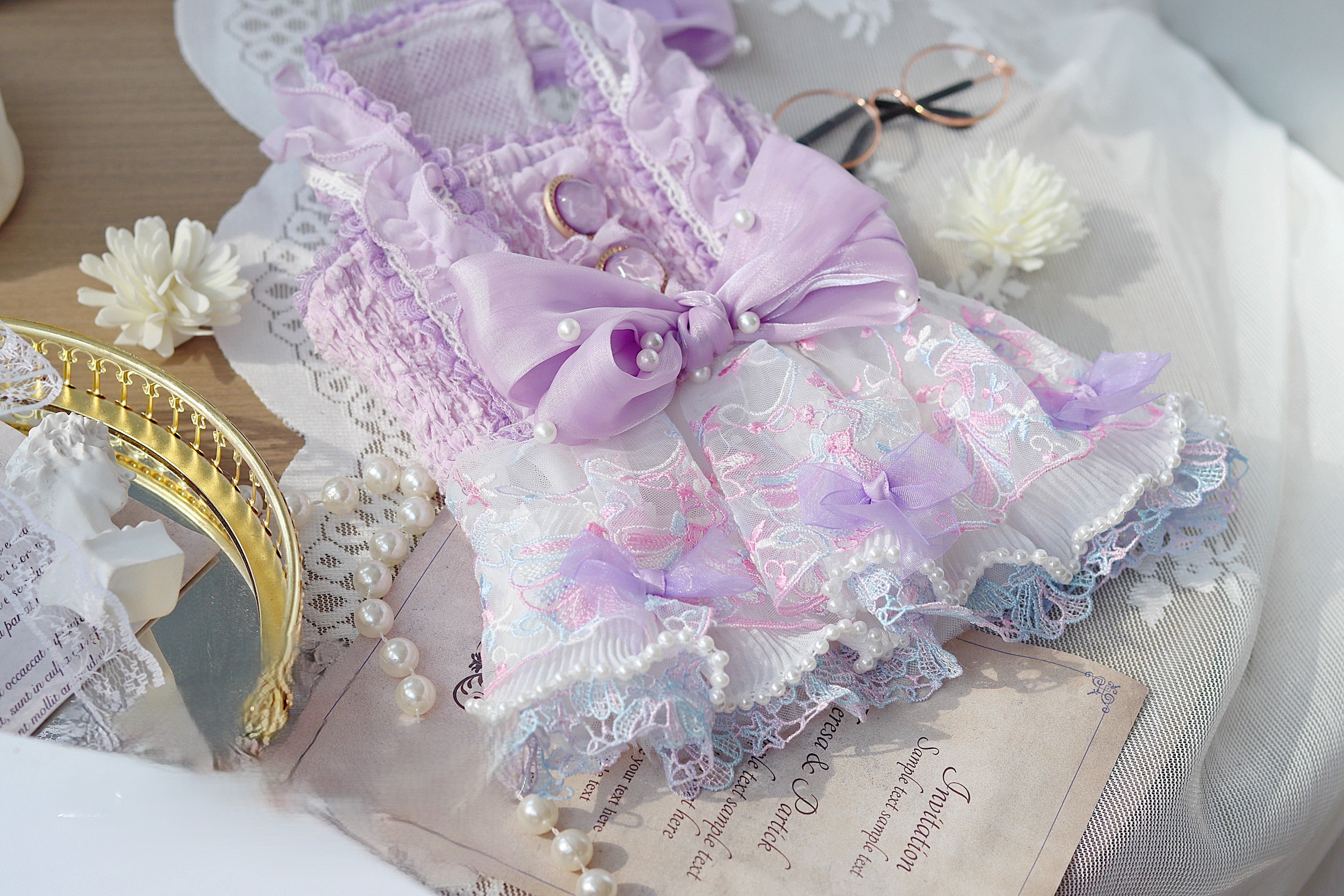 Handmade Luxury Dog Dress Purple Lace Pearl Bow Outfit