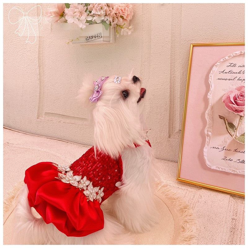 Red Sequin Pearl Dog Dress – Luxury Holiday & Wedding Pet Gown