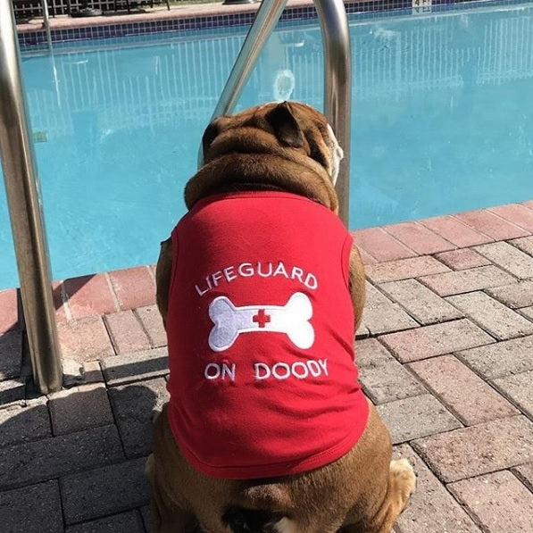 Parisian Pet Lifeguard on Doody Dog T-Shirt-Red
