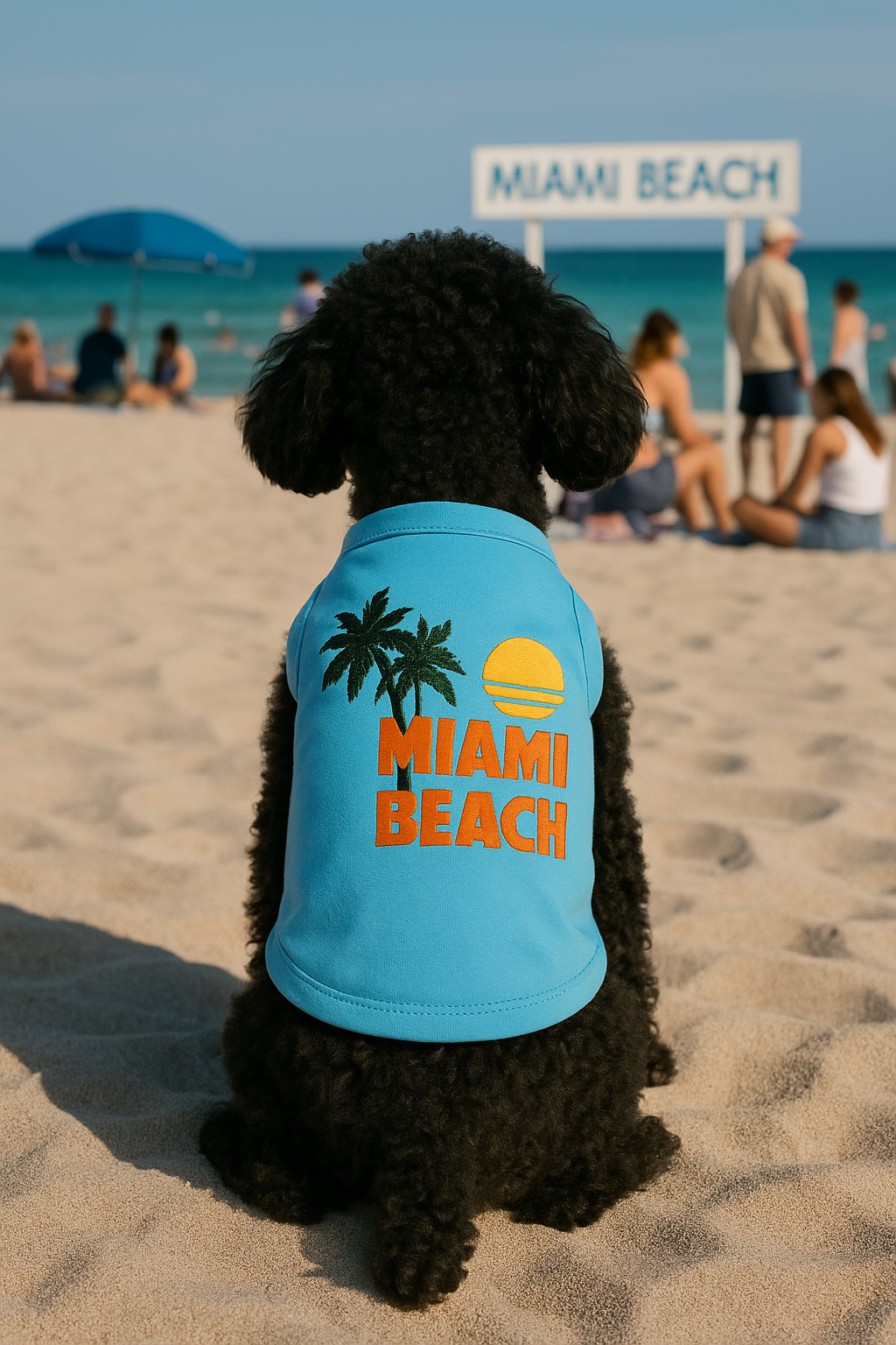 Parisian Pet Miami Beach Dog & Cat Shirt  Funny Embroidered Vacation Dog T-Shirt, Stylish & Comfortable  Light Blue