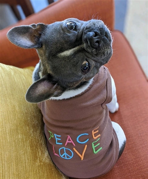 Parisian Pet Peace Love Positive Pet T-Shirt  Stylish Cotton Outfit for Dogs & Cats, Brown-Valentines Day