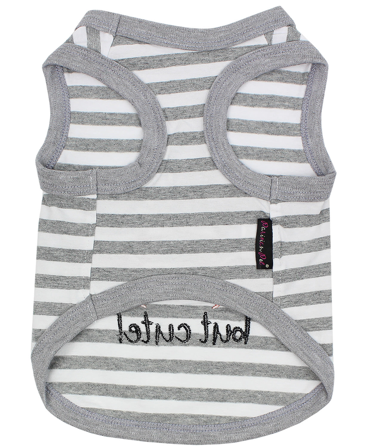 Parisian Pet Crabby But Cute Tee Embroidered Dog Shirt - Trendy Pet Apparel for Dogs & Cats, Gray and White Stripes