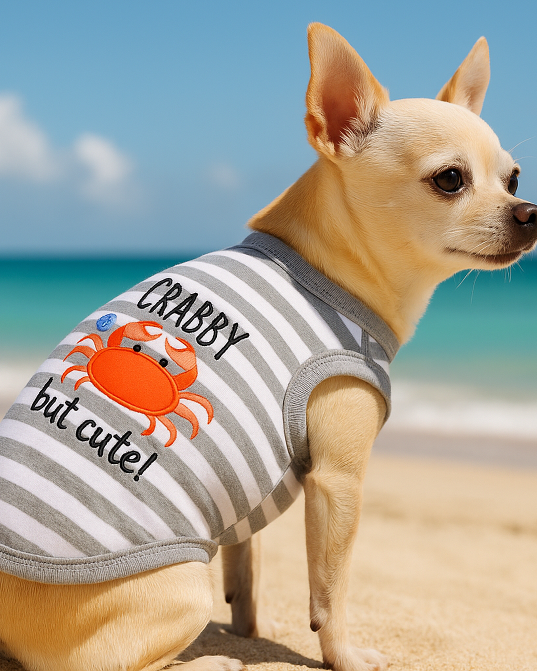 Parisian Pet Crabby But Cute Tee Embroidered Dog Shirt - Trendy Pet Apparel for Dogs & Cats, Gray and White Stripes