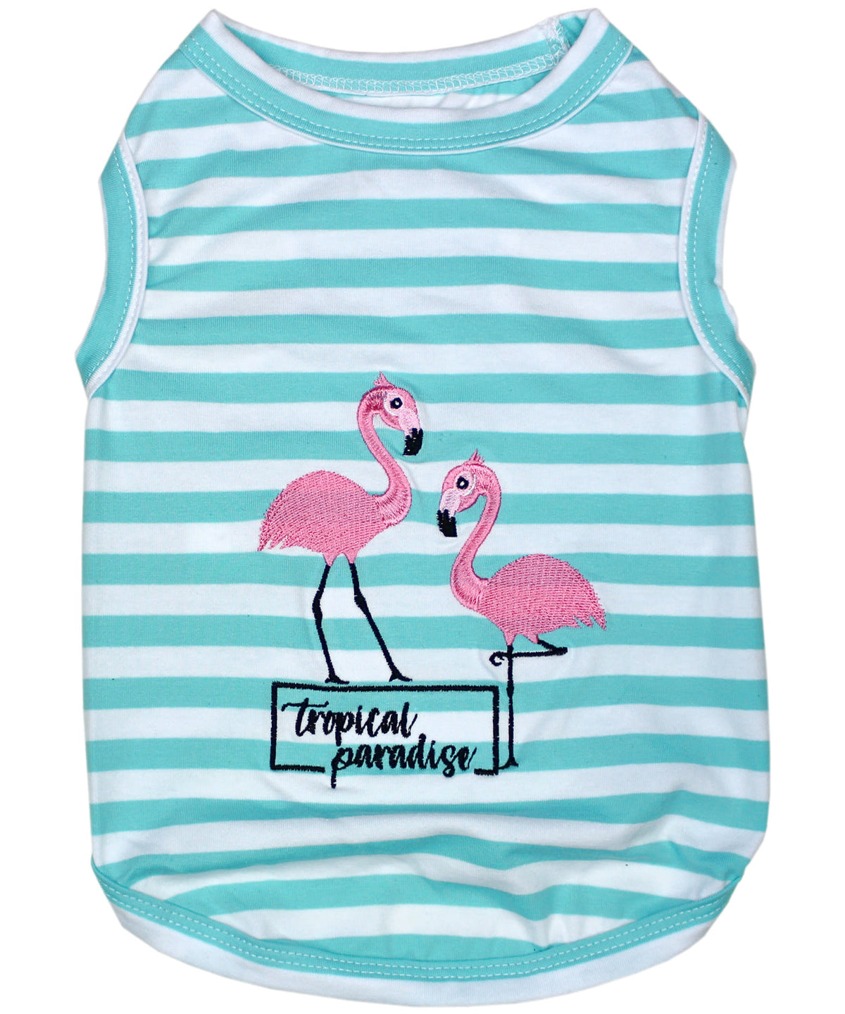 Parisian Pet Flamingos Dog T-Shirt-Light Blue & White Stripes