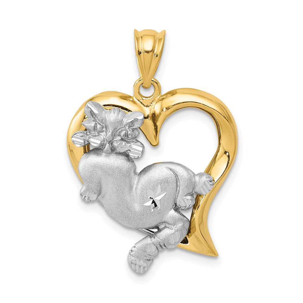 14k Two Tone Gold Satin and Diamond Cut Cat and Heart Pendant
