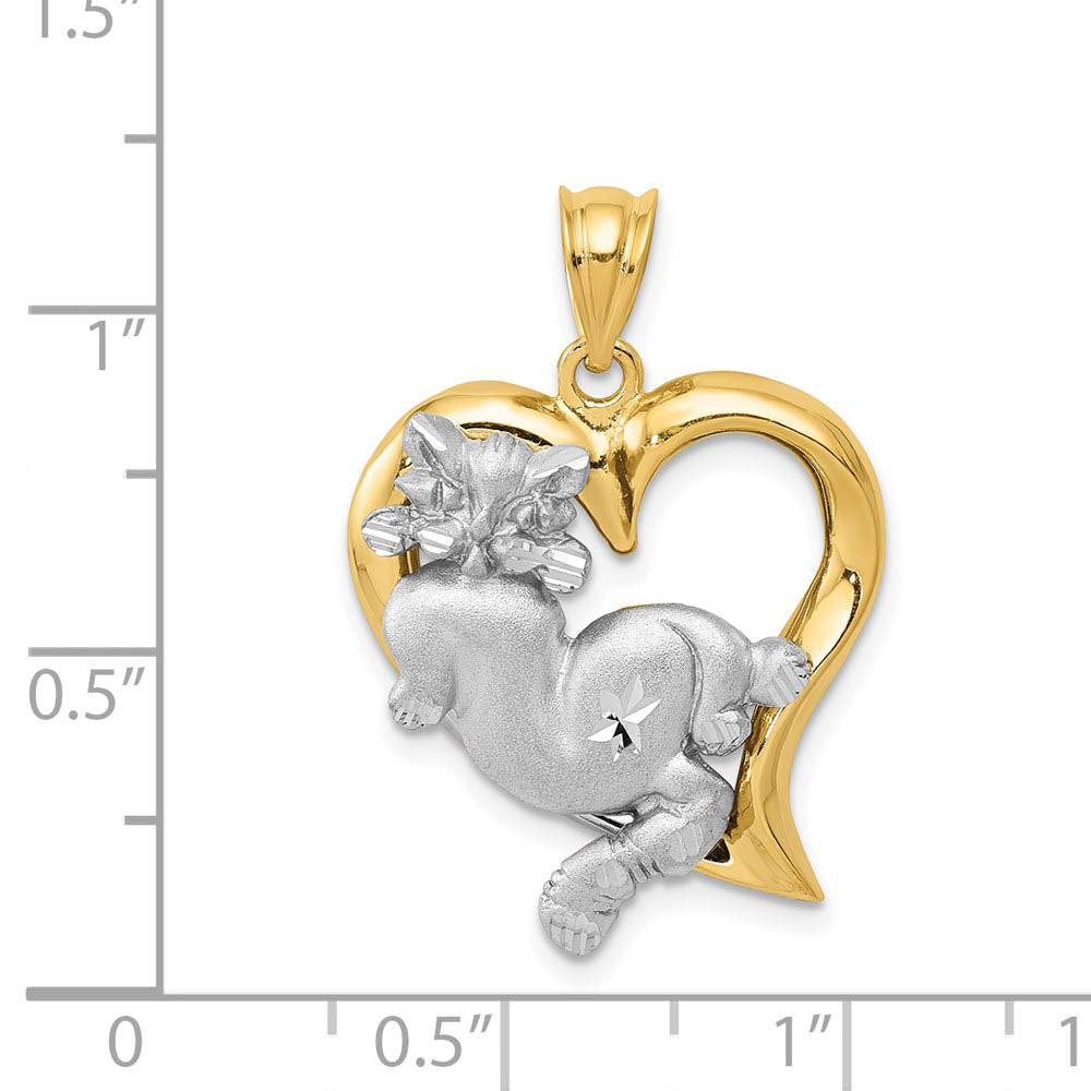 14k Two Tone Gold Satin and Diamond Cut Cat and Heart Pendant