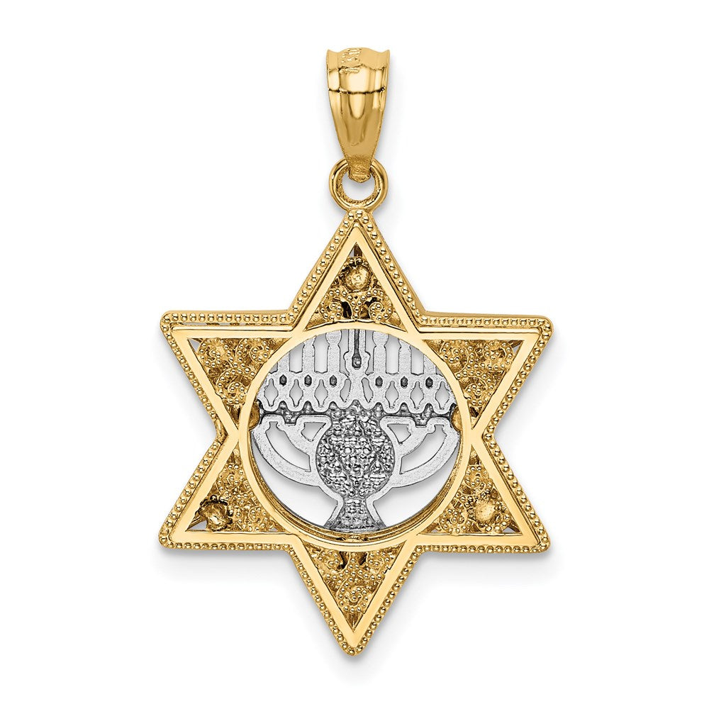 14k Two Tone Gold 3D Star of David & Menorah Pendant, 17 x 27mm