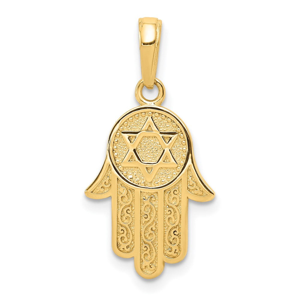 14k Yellow Gold Star of David Hamsa Pendant, 12 x 25mm