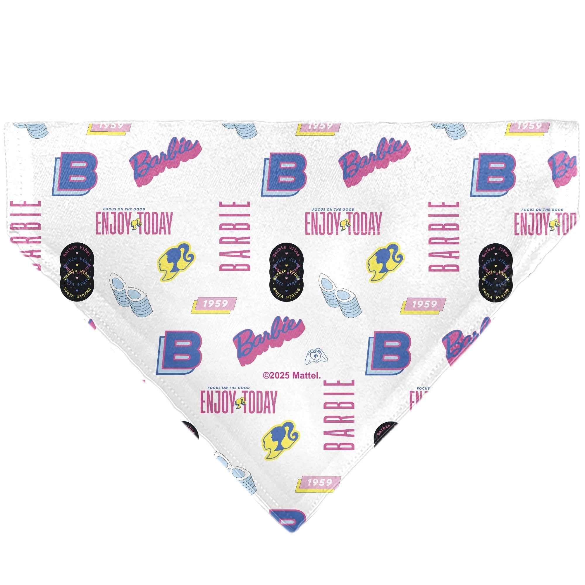 Pet Bandana - BARBIE ENJOY TODAY Text and Icons Collage White/Pinks/Blues