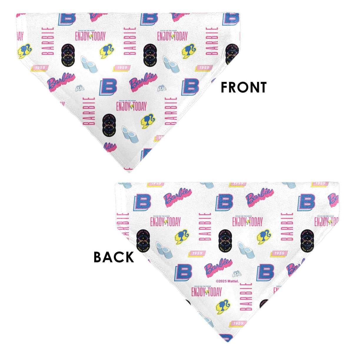 Pet Bandana - BARBIE ENJOY TODAY Text and Icons Collage White/Pinks/Blues