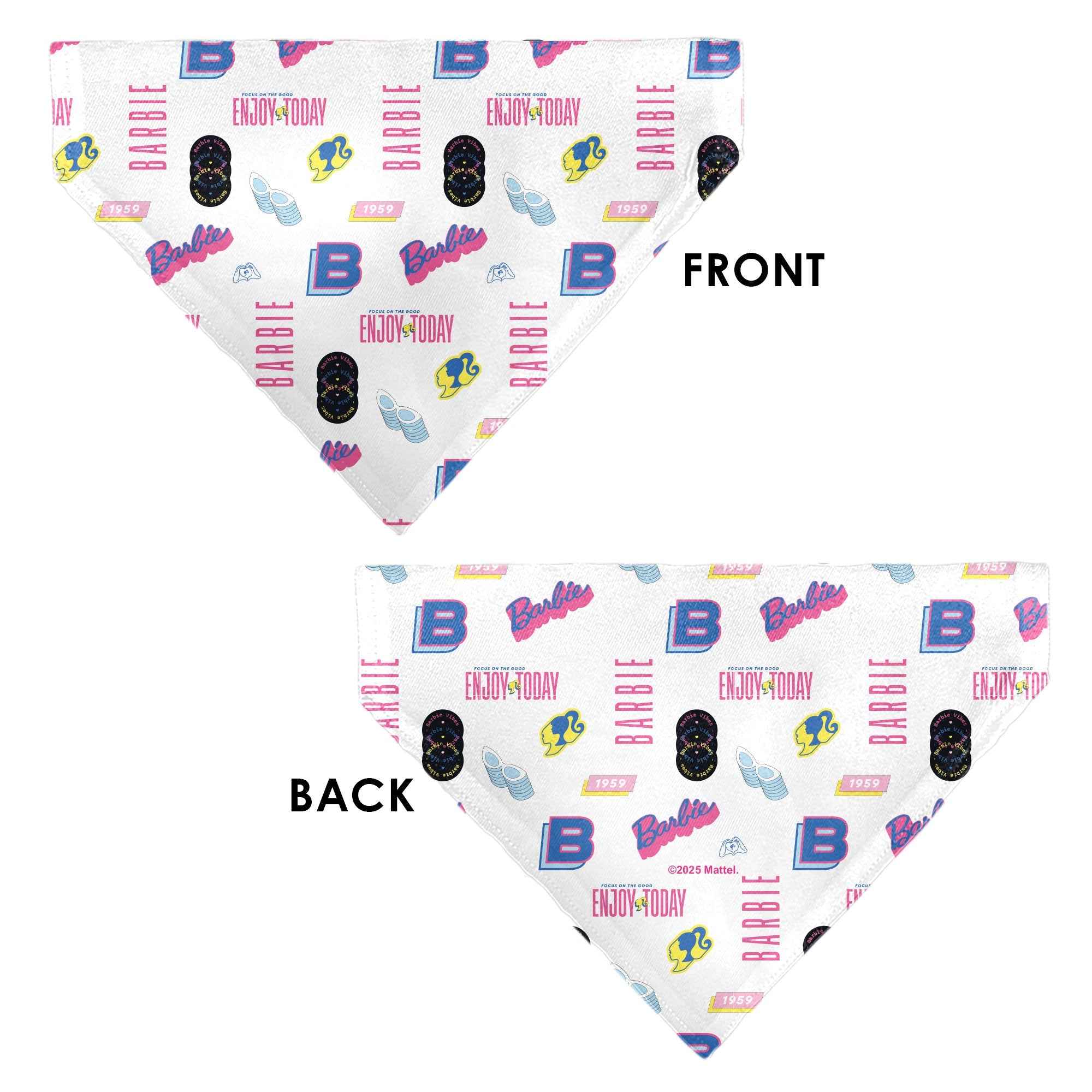 Pet Bandana - BARBIE ENJOY TODAY Text and Icons Collage White/Pinks/Blues
