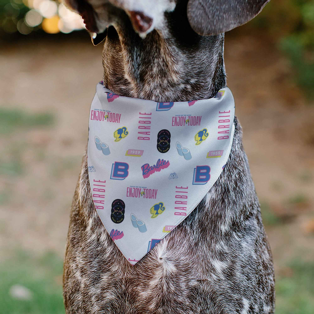 Pet Bandana - BARBIE ENJOY TODAY Text and Icons Collage White/Pinks/Blues