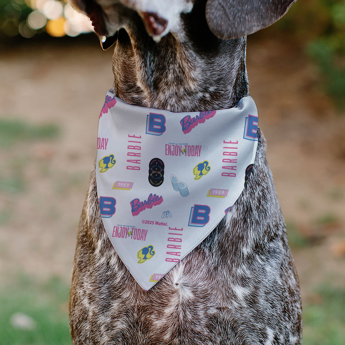 Pet Bandana - BARBIE ENJOY TODAY Text and Icons Collage White/Pinks/Blues | HT Animal Supply