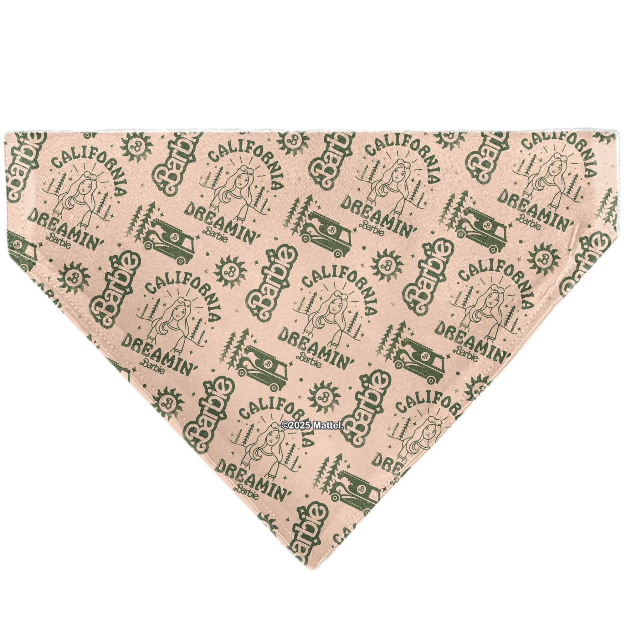 Pet Bandana - CALIFORNIA DREAMIN BARBIE Icons Collage and Script Peach/Olive