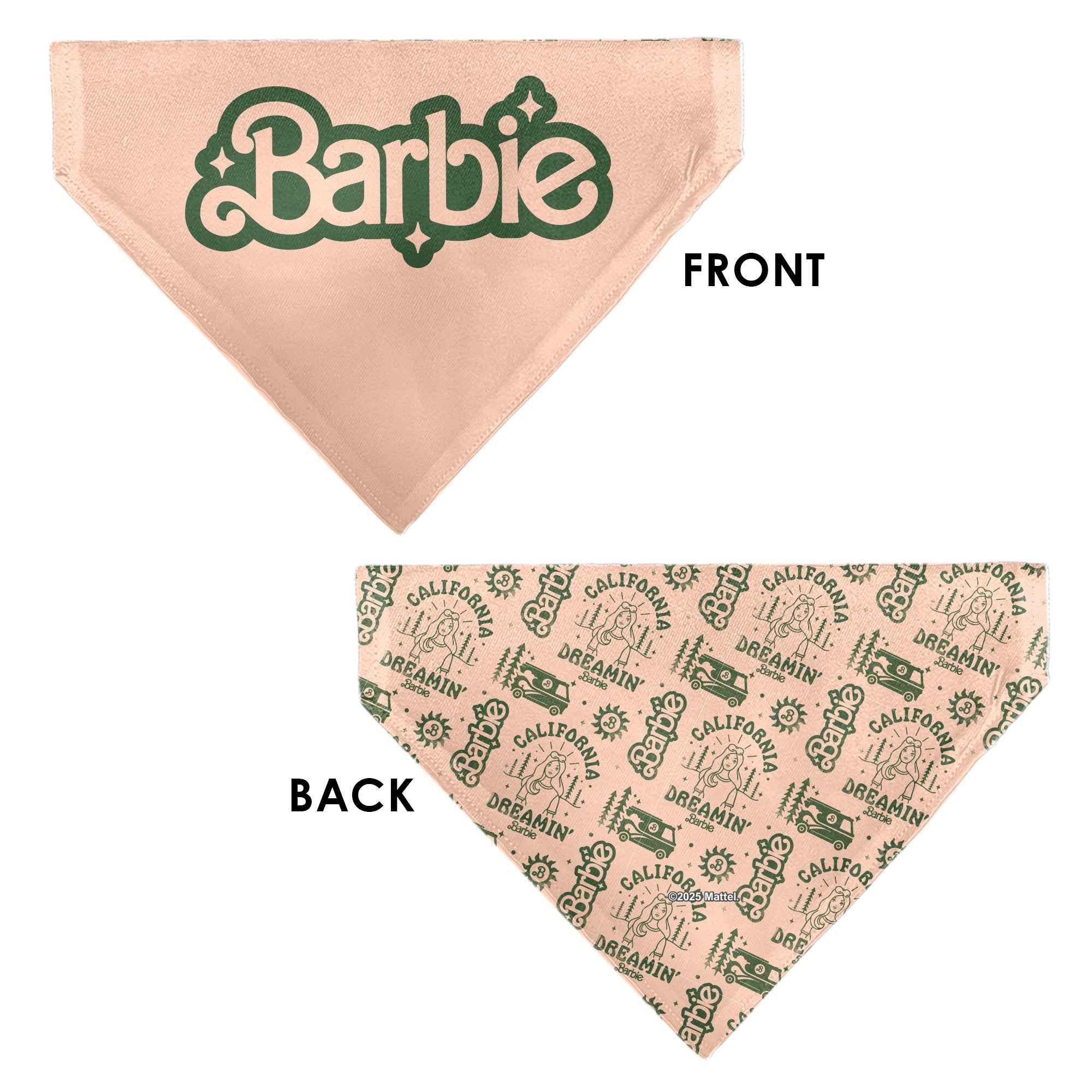 Pet Bandana - CALIFORNIA DREAMIN BARBIE Icons Collage and Script Peach/Olive