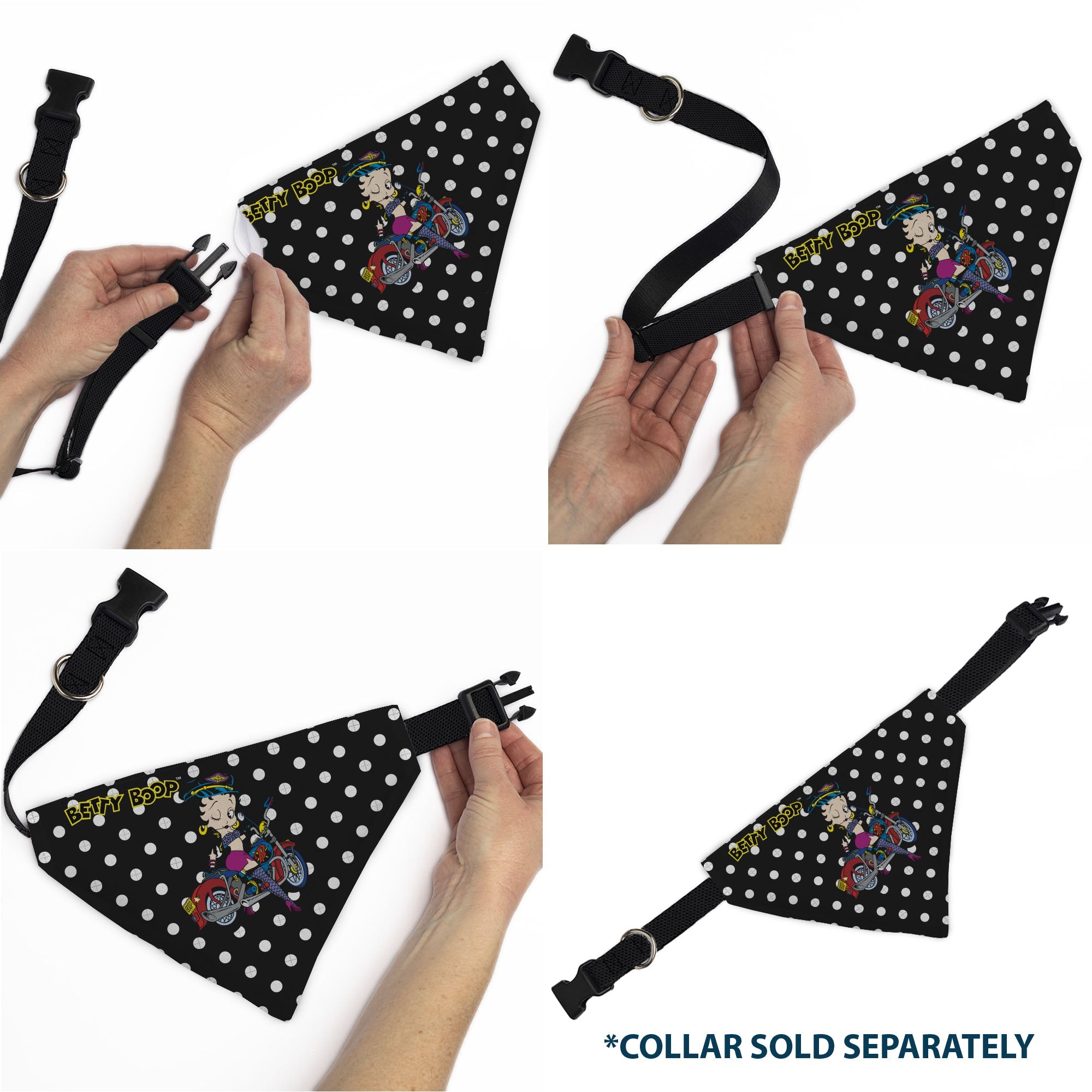 Buckle-Down Bandana Betty Boop Biker Betty Winking Pose and Text Polka Dot Black/White/Yellow Over-the-Collar Dog Bandana