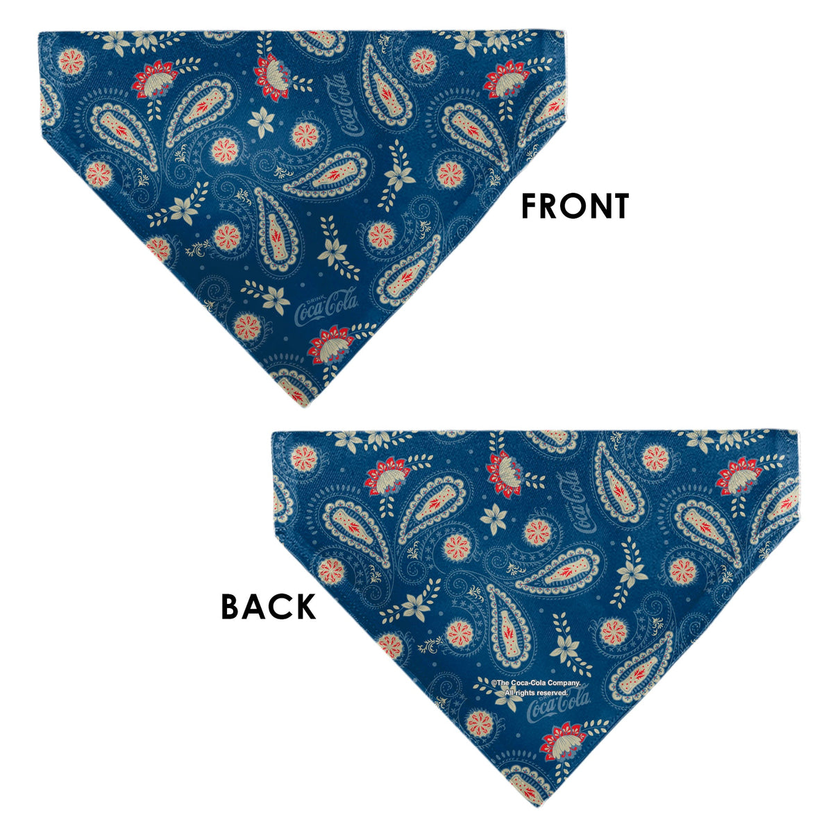 Pet Bandana - COCA-COLA Paisley Bottle Icons Scattered Blues/White/Red | HT Animal Supply