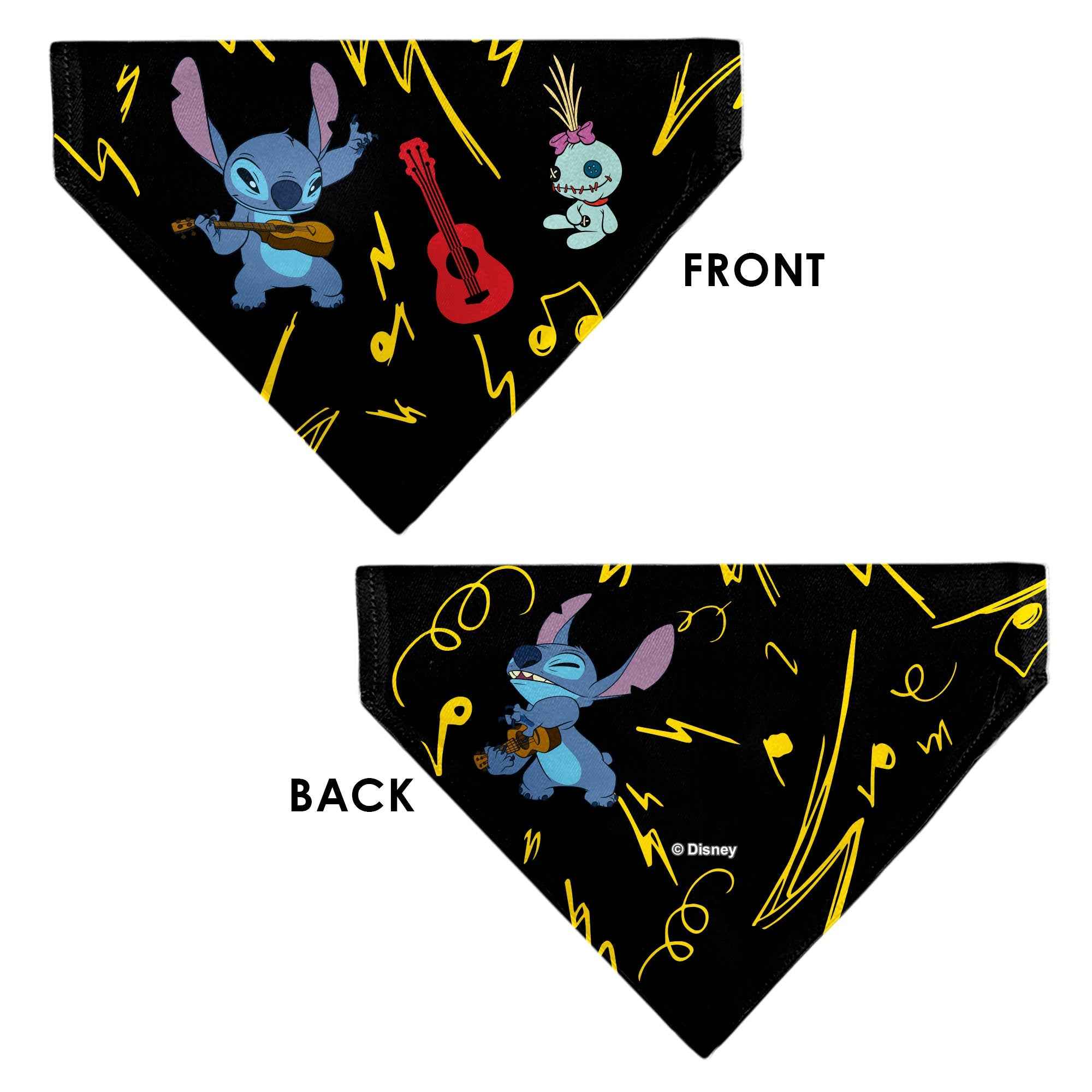 Buckle-Down Stitch and Scrump Ukulele Jam Pose Black/Yellow Over-the-Collar Dog Bandana