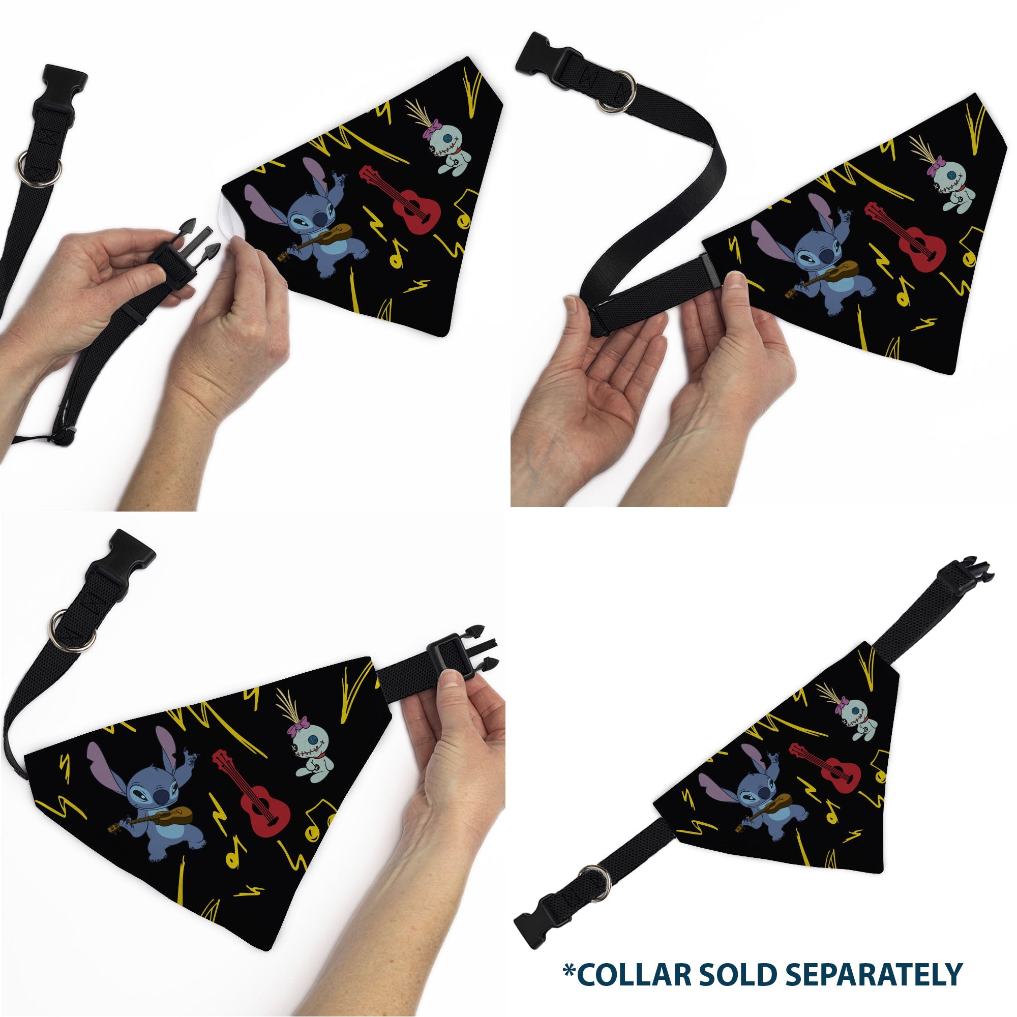 Buckle-Down Stitch and Scrump Ukulele Jam Pose Black/Yellow Over-the-Collar Dog Bandana