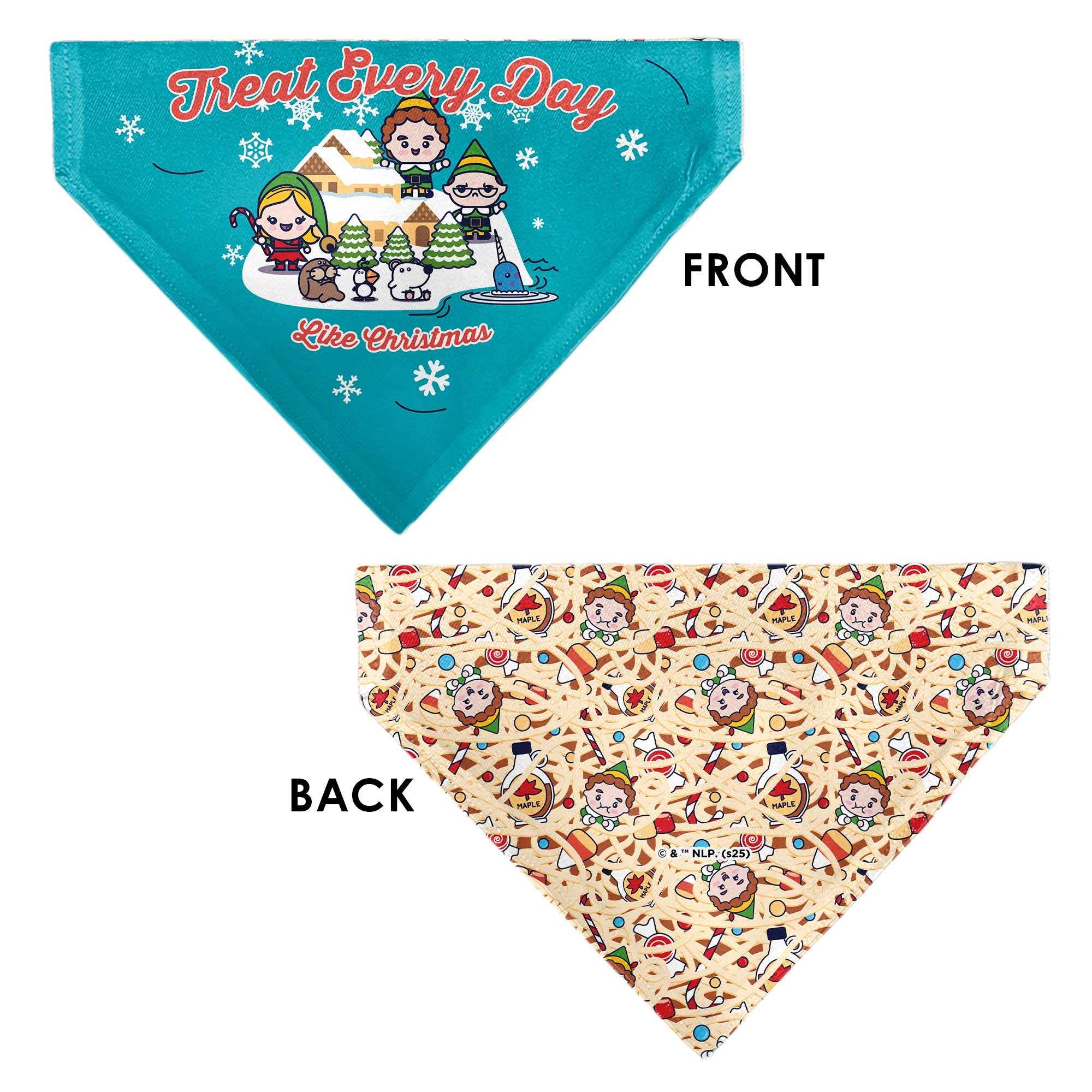 Buckle-Down Elf Treat Everyday Like Christmas Buddy and Friends Pose Blue Over-the-Collar Dog Bandana